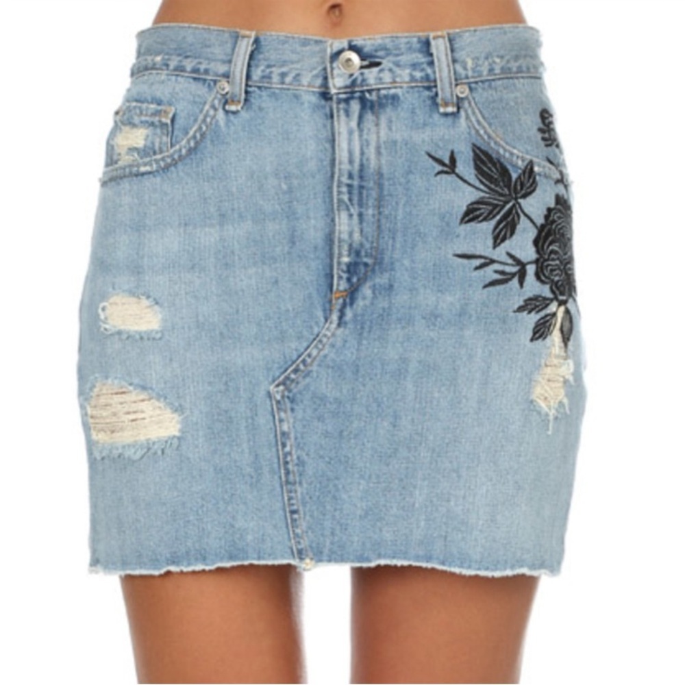 Rag & Bone Jean Dive Ramona Floral Embroidered Distressed Blue Denim Jean Skirt